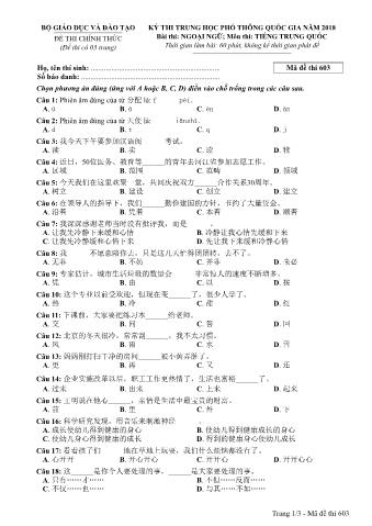 Đề thi chính thức THPT Quốc gia môn Tiếng Trung - Mã đề: 603 - Năm học 2018 (Có đáp án)