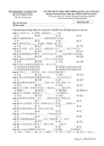 Đề thi chính thức THPT Quốc gia môn Tiếng Trung - Mã đề: 603 - Năm học 2017 (Có đáp án)