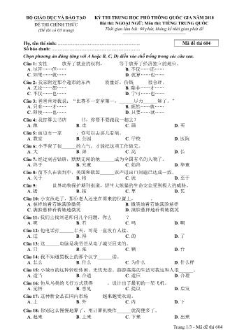 Đề thi chính thức THPT Quốc gia môn Tiếng Trung - Mã đề: 604 - Năm học 2018 (Có đáp án)