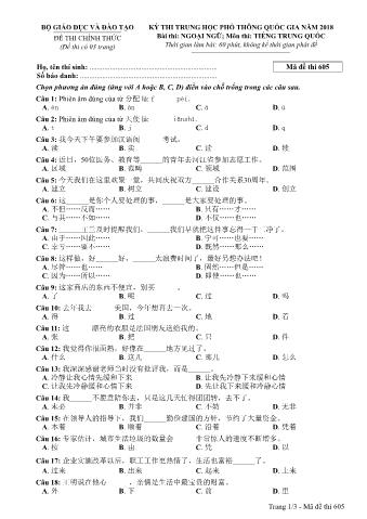 Đề thi chính thức THPT Quốc gia môn Tiếng Trung - Mã đề: 605 - Năm học 2018 (Có đáp án)