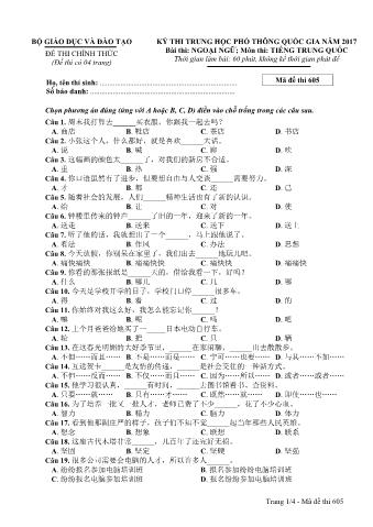 Đề thi chính thức THPT Quốc gia môn Tiếng Trung - Mã đề: 605 - Năm học 2017 (Có đáp án)