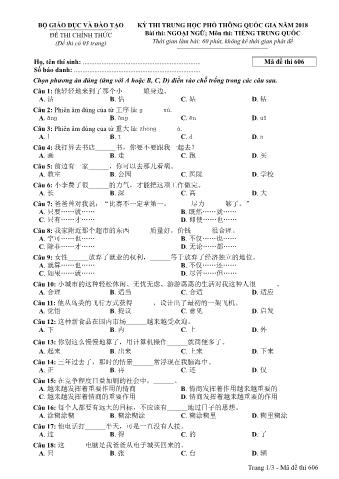 Đề thi chính thức THPT Quốc gia môn Tiếng Trung - Mã đề: 606 - Năm học 2018 (Có đáp án)