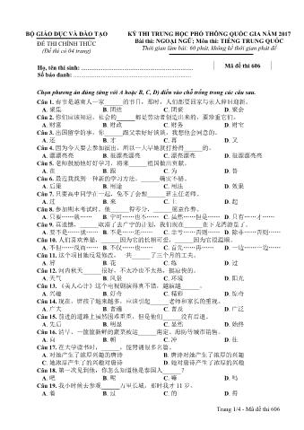 Đề thi chính thức THPT Quốc gia môn Tiếng Trung - Mã đề: 606 - Năm học 2017 (Có đáp án)