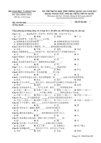 Đề thi chính thức THPT Quốc gia môn Tiếng Trung - Mã đề: 608 - Năm học 2017 (Có đáp án)