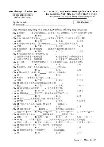 Đề thi chính thức THPT Quốc gia môn Tiếng Trung - Mã đề: 609 - Năm học 2017 (Có đáp án)