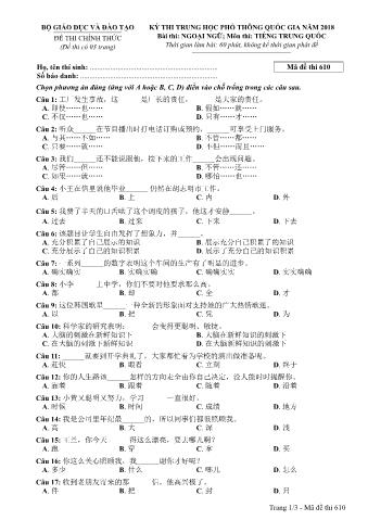 Đề thi chính thức THPT Quốc gia môn Tiếng Trung - Mã đề: 610 - Năm học 2018 (Có đáp án)