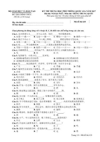 Đề thi chính thức THPT Quốc gia môn Tiếng Trung - Mã đề: 610 - Năm học 2017 (Có đáp án)