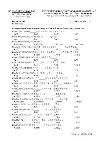 Đề thi chính thức THPT Quốc gia môn Tiếng Trung - Mã đề: 611 - Năm học 2017 (Có đáp án)