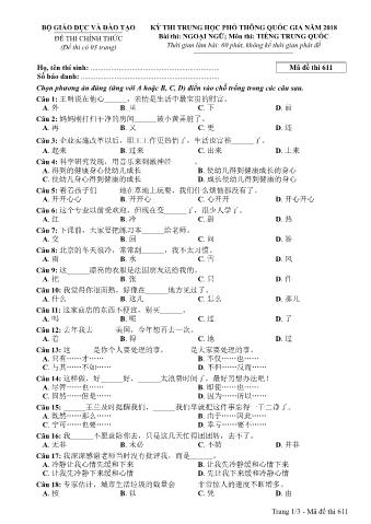 Đề thi chính thức THPT Quốc gia môn Tiếng Trung - Mã đề: 611 - Năm học 2018 (Có đáp án)