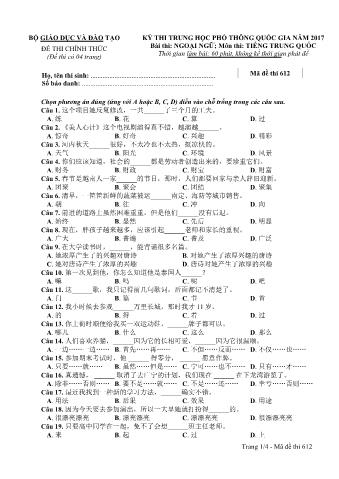 Đề thi chính thức THPT Quốc gia môn Tiếng Trung - Mã đề: 612 - Năm học 2017 (Có đáp án)