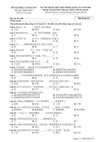 Đề thi chính thức THPT Quốc gia môn Tiếng Trung - Mã đề: 612 - Năm học 2018 (Có đáp án)