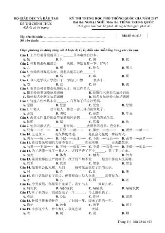 Đề thi chính thức THPT Quốc gia môn Tiếng Trung - Mã đề: 613 - Năm học 2017 (Có đáp án)