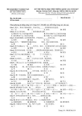 Đề thi chính thức THPT Quốc gia môn Tiếng Trung - Mã đề: 614 - Năm học 2017 (Có đáp án)