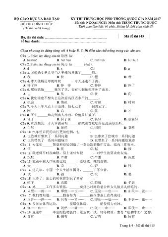 Đề thi chính thức THPT Quốc gia môn Tiếng Trung - Mã đề: 615 - Năm học 2017 (Có đáp án)