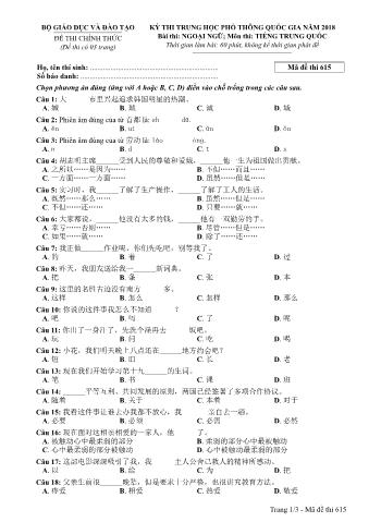 Đề thi chính thức THPT Quốc gia môn Tiếng Trung - Mã đề: 615 - Năm học 2018 (Có đáp án)