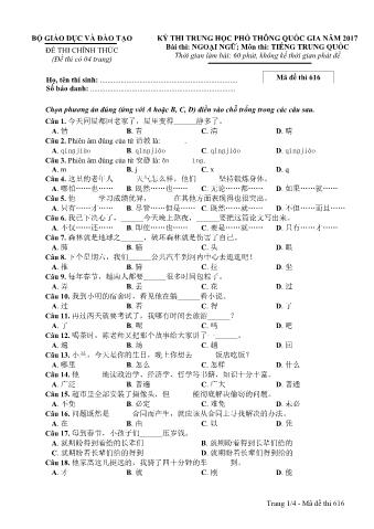 Đề thi chính thức THPT Quốc gia môn Tiếng Trung - Mã đề: 616 - Năm học 2017 (Có đáp án)