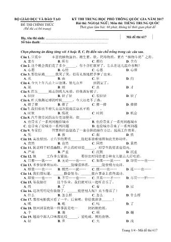 Đề thi chính thức THPT Quốc gia môn Tiếng Trung - Mã đề: 617 - Năm học 2017 (Có đáp án)