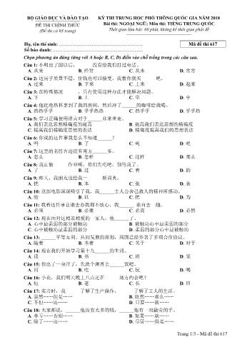 Đề thi chính thức THPT Quốc gia môn Tiếng Trung - Mã đề: 617 - Năm học 2018 (Có đáp án)