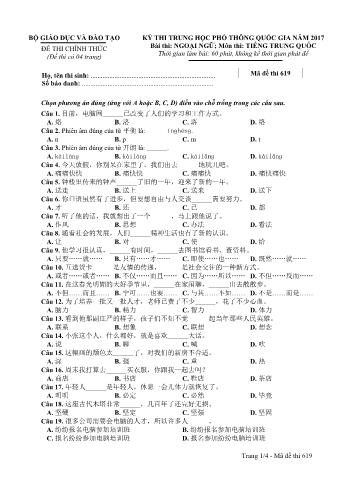 Đề thi chính thức THPT Quốc gia môn Tiếng Trung - Mã đề: 619 - Năm học 2017 (Có đáp án)