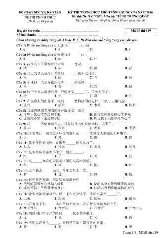 Đề thi chính thức THPT Quốc gia môn Tiếng Trung - Mã đề: 619 - Năm học 2018 (Có đáp án)