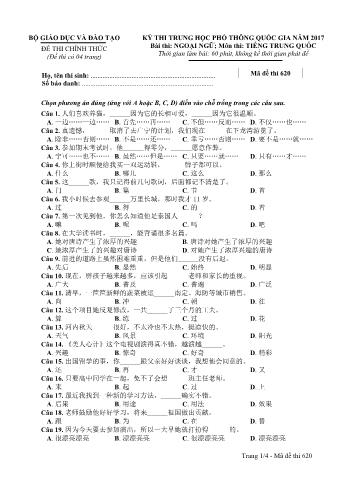 Đề thi chính thức THPT Quốc gia môn Tiếng Trung - Mã đề: 620 - Năm học 2017 (Có đáp án)