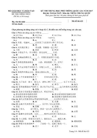 Đề thi chính thức THPT Quốc gia môn Tiếng Trung - Mã đề: 621 - Năm học 2017 (Có đáp án)