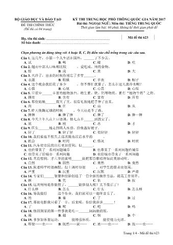 Đề thi chính thức THPT Quốc gia môn Tiếng Trung - Mã đề: 623 - Năm học 2017 (Có đáp án)