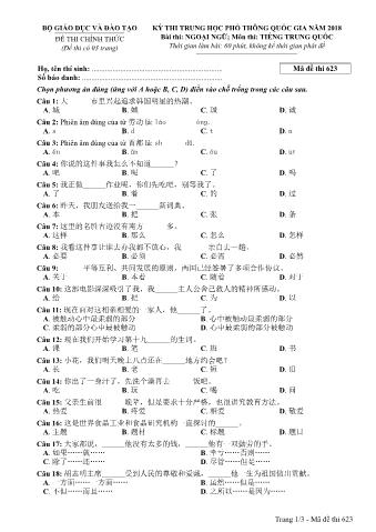 Đề thi chính thức THPT Quốc gia môn Tiếng Trung - Mã đề: 623 - Năm học 2018 (Có đáp án)