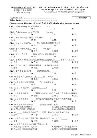 Đề thi chính thức THPT Quốc gia môn Tiếng Trung - Mã đề: 624 - Năm học 2018 (Có đáp án)