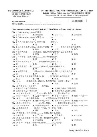 Đề thi chính thức THPT Quốc gia môn Tiếng Trung - Mã đề: 624 - Năm học 2017 (Có đáp án)