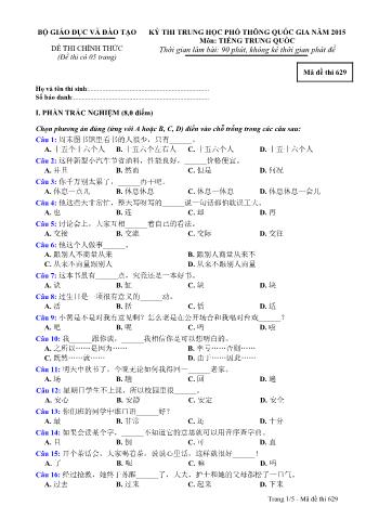 Đề thi chính thức THPT Quốc gia môn Tiếng Trung - Mã đề: 629 - Năm học 2015 (Có đáp án)