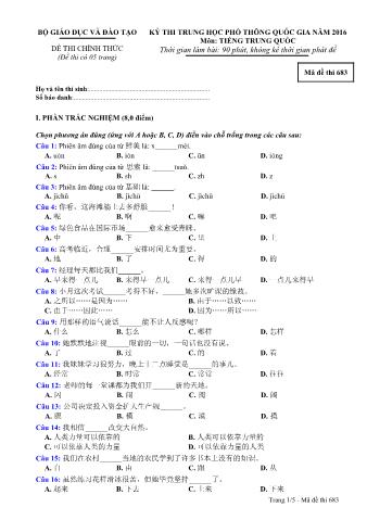 Đề thi chính thức THPT Quốc gia môn Tiếng Trung - Mã đề: 683 - Năm học 2016 (Có đáp án)