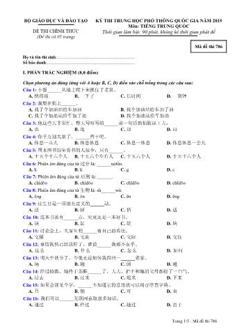 Đề thi chính thức THPT Quốc gia môn Tiếng Trung - Mã đề: 786 - Năm học 2015 (Có đáp án)