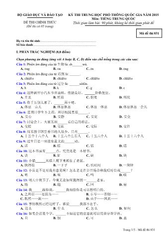 Đề thi chính thức THPT Quốc gia môn Tiếng Trung - Mã đề: 831 - Năm học 2015 (Có đáp án)
