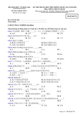 Đề thi chính thức THPT Quốc gia môn Tiếng Trung - Mã đề: 974 - Năm học 2015 (Có đáp án)