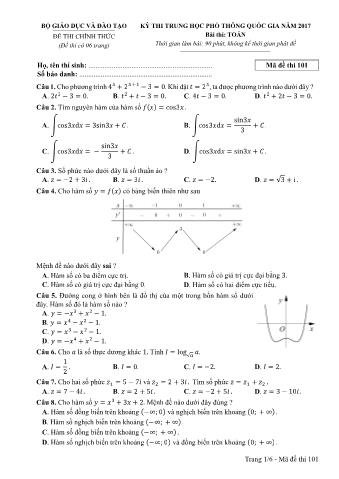 Đề thi chính thức THPT Quốc gia môn Toán - Mã đề: 101 - Năm học 2017 (Có đáp án)