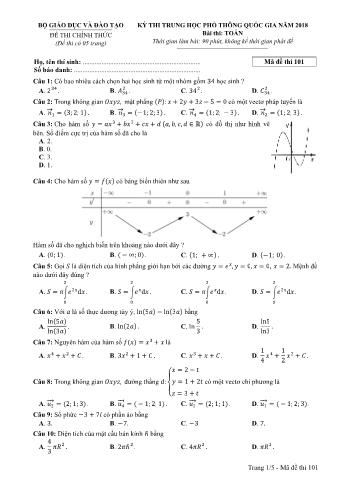 Đề thi chính thức THPT Quốc gia môn Toán - Mã đề: 101 - Năm học 2018 (Có đáp án)