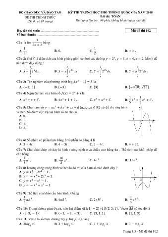 Đề thi chính thức THPT Quốc gia môn Toán - Mã đề: 102 - Năm học 2018 (Có đáp án)