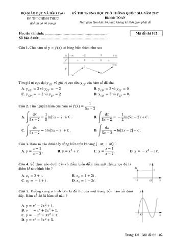 Đề thi chính thức THPT Quốc gia môn Toán - Mã đề: 102 - Năm học 2017 (Có đáp án)