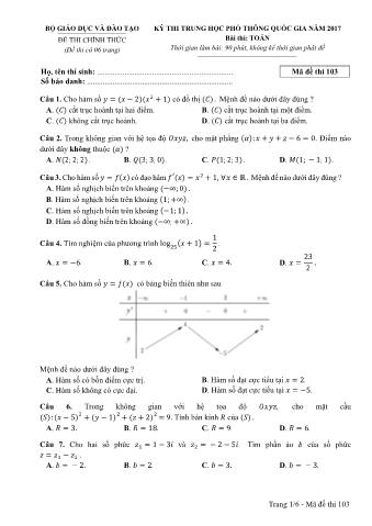 Đề thi chính thức THPT Quốc gia môn Toán - Mã đề: 103 - Năm học 2017 (Có đáp án)