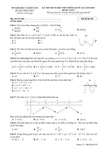 Đề thi chính thức THPT Quốc gia môn Toán - Mã đề: 103 - Năm học 2018 (Có đáp án)