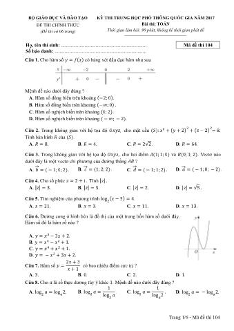 Đề thi chính thức THPT Quốc gia môn Toán - Mã đề: 104 - Năm học 2017 (Có đáp án)