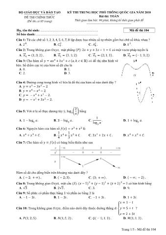 Đề thi chính thức THPT Quốc gia môn Toán - Mã đề: 104 - Năm học 2018 (Có đáp án)