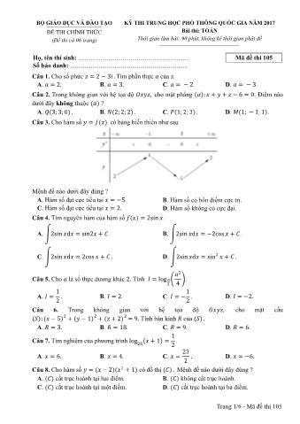 Đề thi chính thức THPT Quốc gia môn Toán - Mã đề: 105 - Năm học 2017 (Có đáp án)