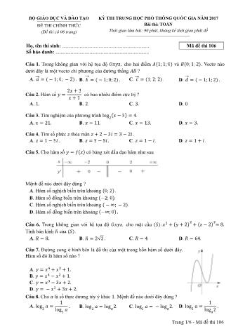 Đề thi chính thức THPT Quốc gia môn Toán - Mã đề: 106 - Năm học 2017 (Có đáp án)