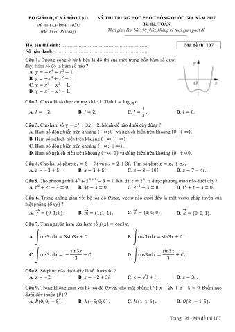 Đề thi chính thức THPT Quốc gia môn Toán - Mã đề: 107 - Năm học 2017 (Có đáp án)