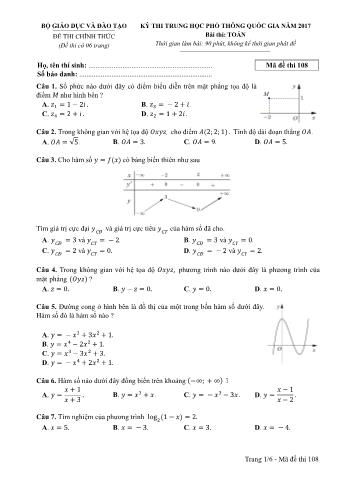 Đề thi chính thức THPT Quốc gia môn Toán - Mã đề: 108 - Năm học 2017 (Có đáp án)