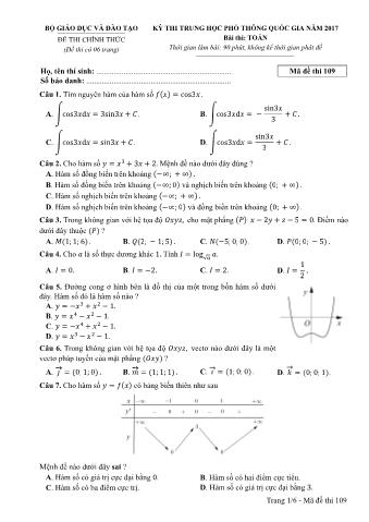 Đề thi chính thức THPT Quốc gia môn Toán - Mã đề: 109 - Năm học 2017 (Có đáp án)