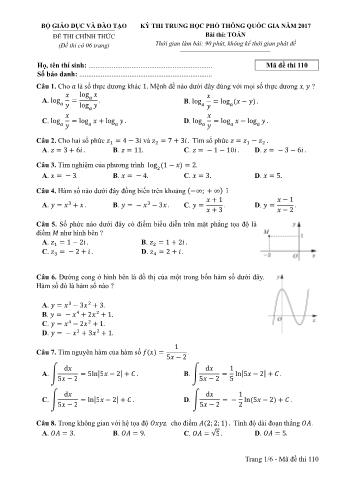 Đề thi chính thức THPT Quốc gia môn Toán - Mã đề: 110 - Năm học 2017 (Có đáp án)