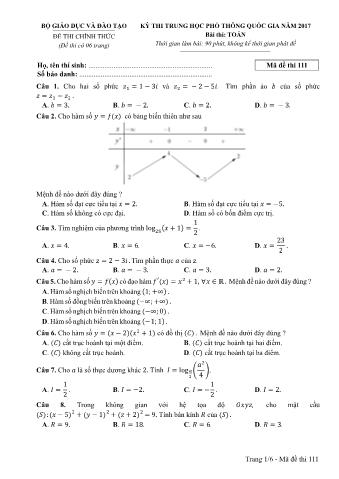 Đề thi chính thức THPT Quốc gia môn Toán - Mã đề: 111 - Năm học 2017 (Có đáp án)